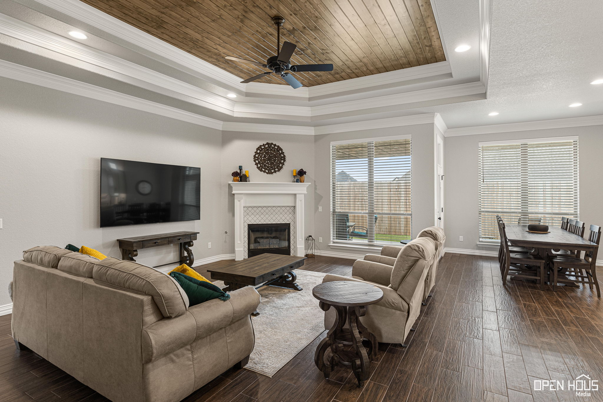 Tidy living room with bright lighting