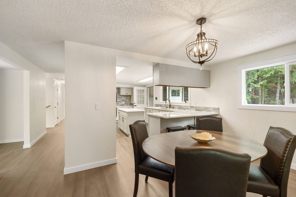 Dining area with chandelier