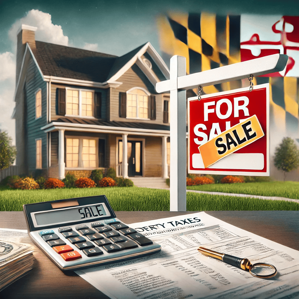 DALL·E 2024-12-17 16.13.39 - A visually appealing cover image for a blog about Maryland property taxes for buyers and sellers. The image features a modern suburban home in Marylan