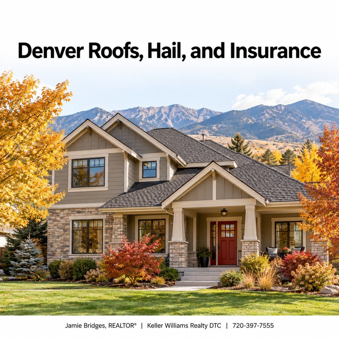 Two-story Denver Metro home with a red front door, fall trees, and foothills behind it, headline Denver Roofs, Hail, and Insurance
