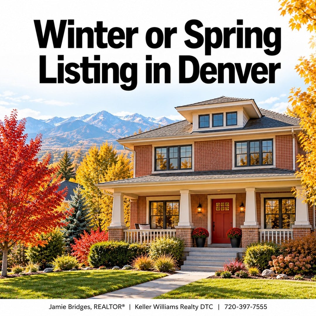 Red brick two-story Denver Metro home with a red front door, fall trees, and Front Range mountains, titled Winter or Spring Listing in Denver