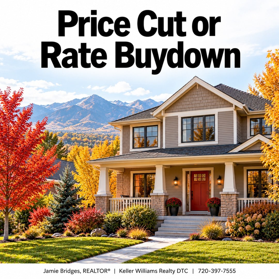 Two-story home with a red front door, fall trees, and mountains, titled Price Cut or Rate Buydown