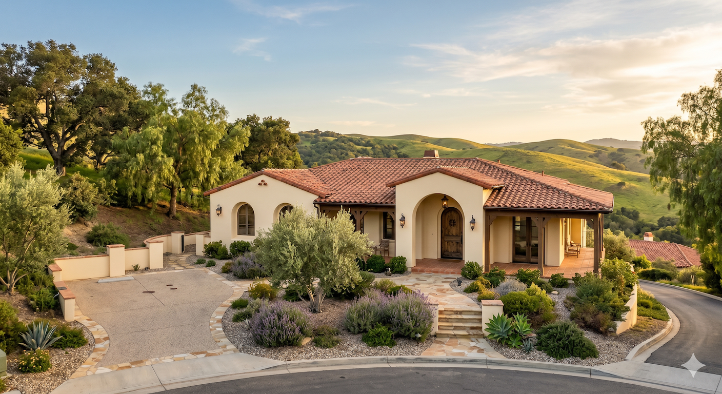 Single-story hillside home in Olinda Village, Brea, with mature landscaping and large lot