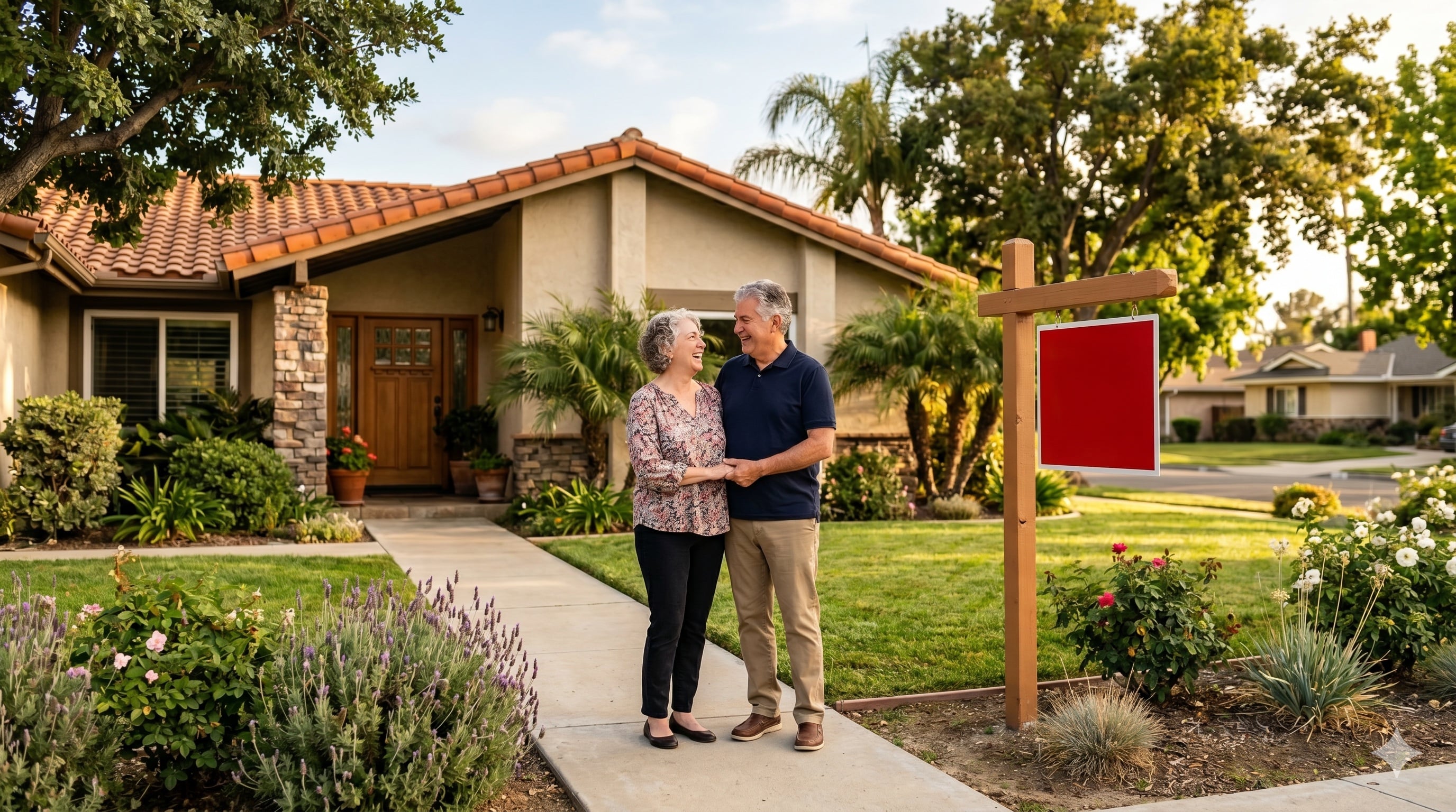 Senior couple in front of a single-story Southern California home — Proposition 19 property tax transfer for homeowners 55 plus in Yorba Linda Brea Placentia Fullerton North Orange County