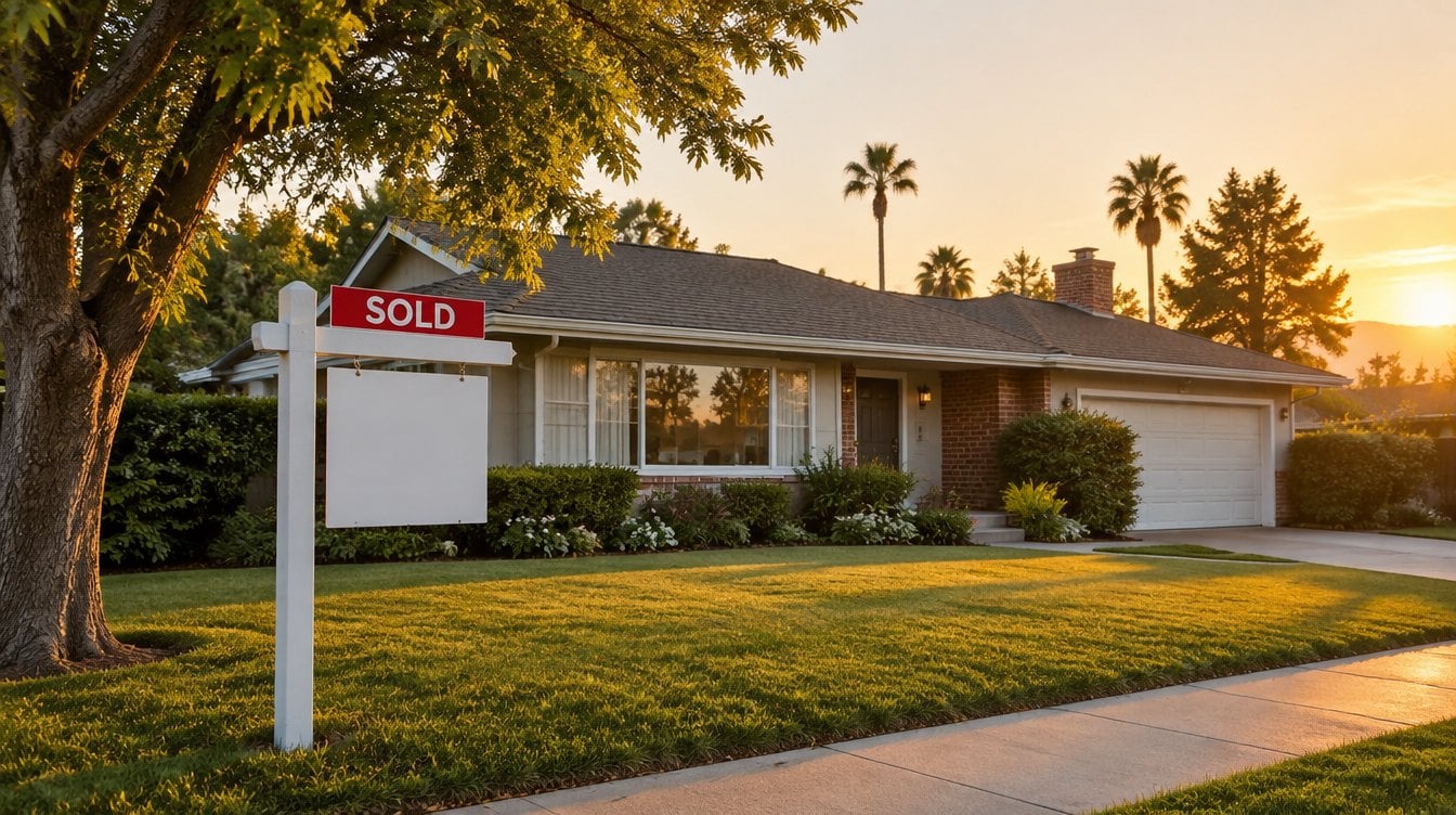Illustration of a single-story Southern California home with a SOLD sign (AI-generated, not the actual property)