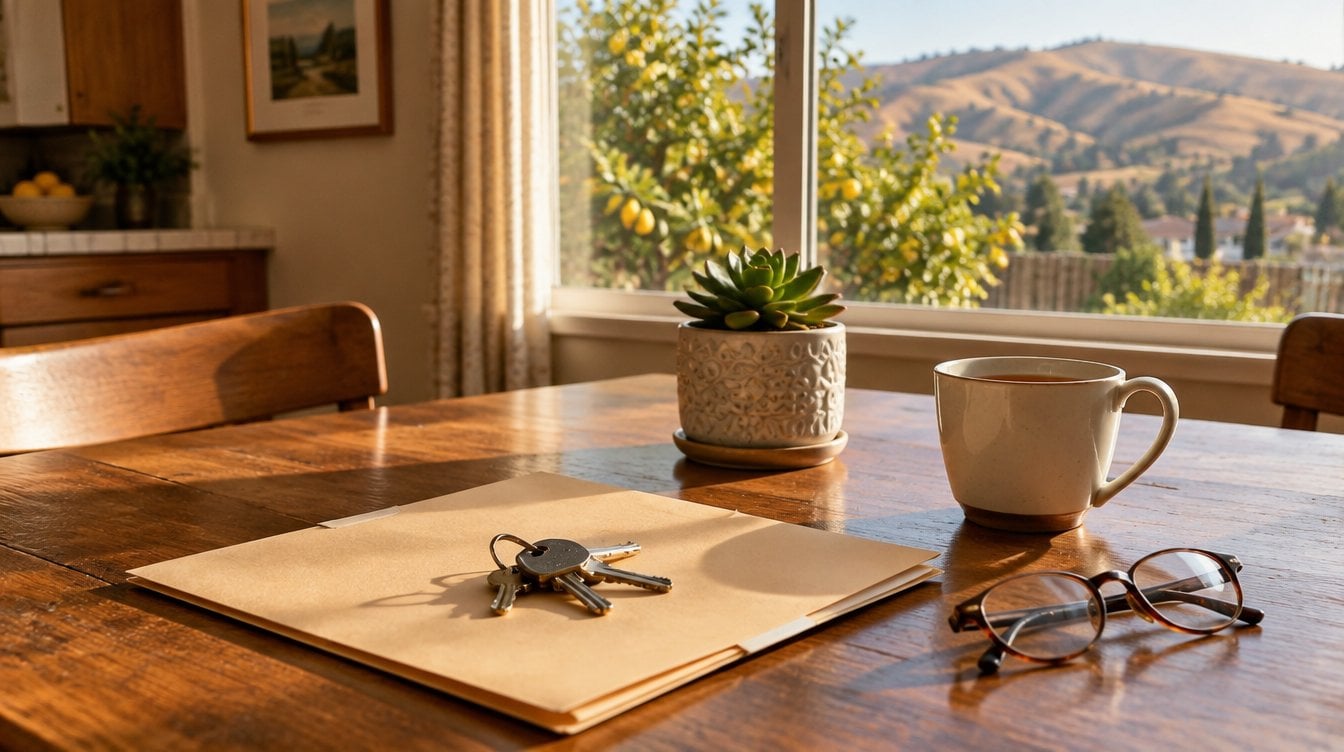 Kitchen table with house keys and a document folder in a Southern California family home, representing a successor trustee preparing to sell a house in a California trust