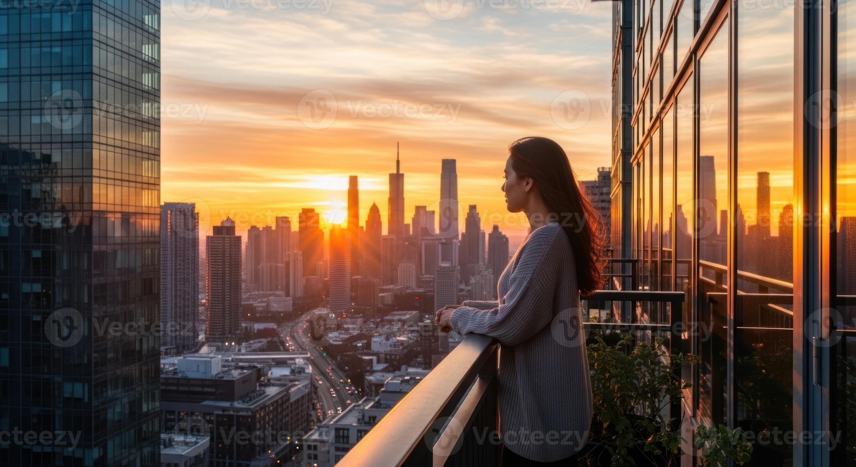 a-woman-standing-on-a-balcony-overlooking-the-city-at-sunset-photo