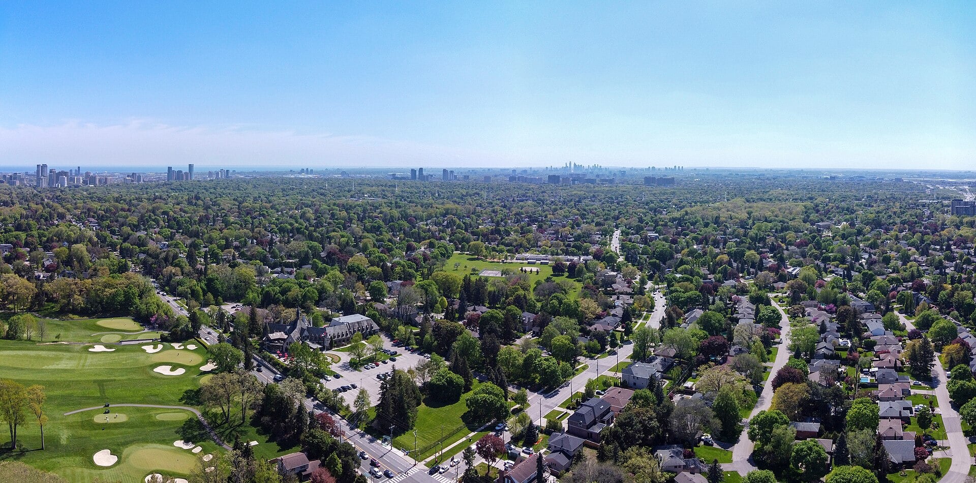 Aerial view of Princess-Rosethorn homes and golf course in Etobicoke, 2025
