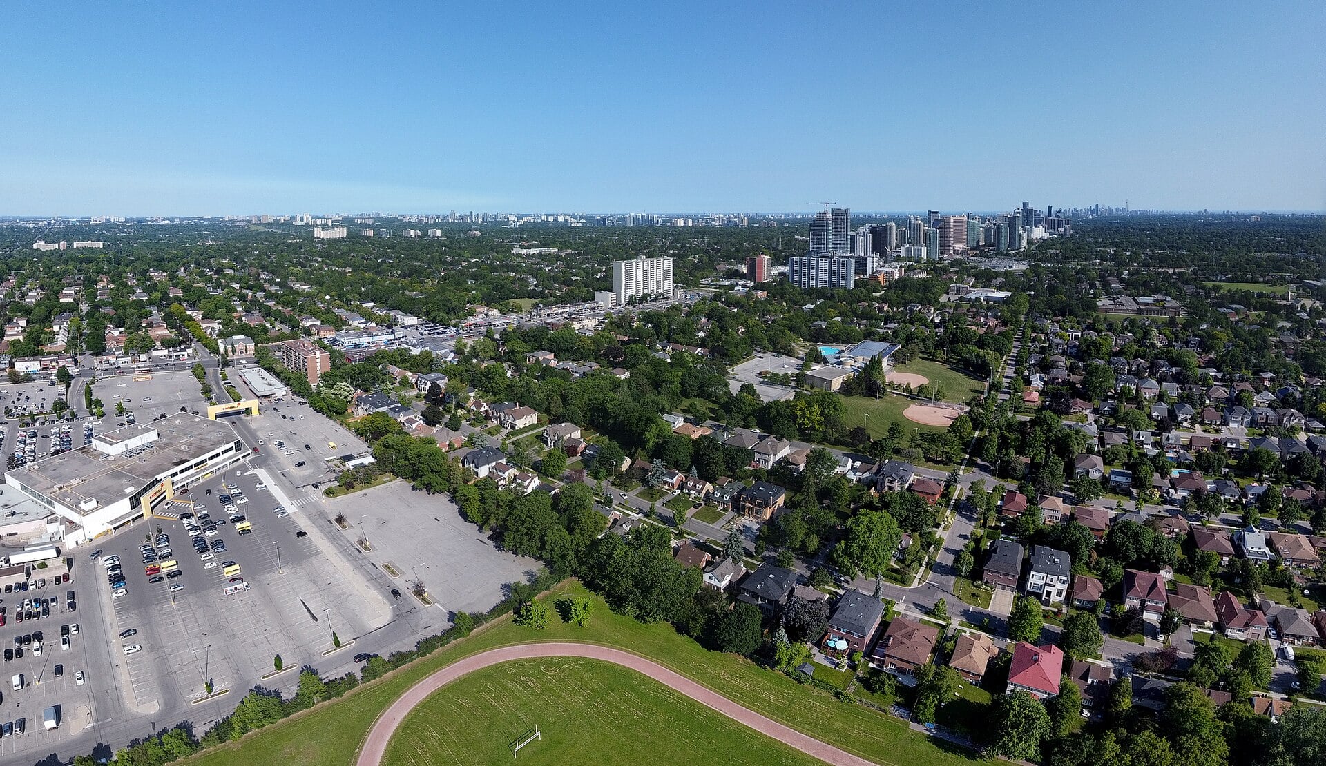 Aerial view across the Newtonbrook neighbourhood of Toronto in 2023