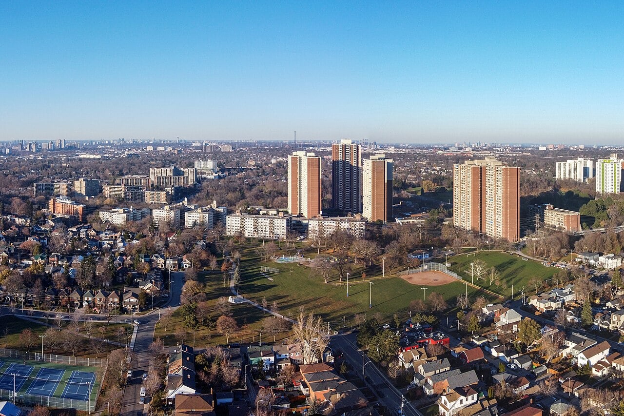 Crescent Town apartment buildings and nearby parkland, 2022