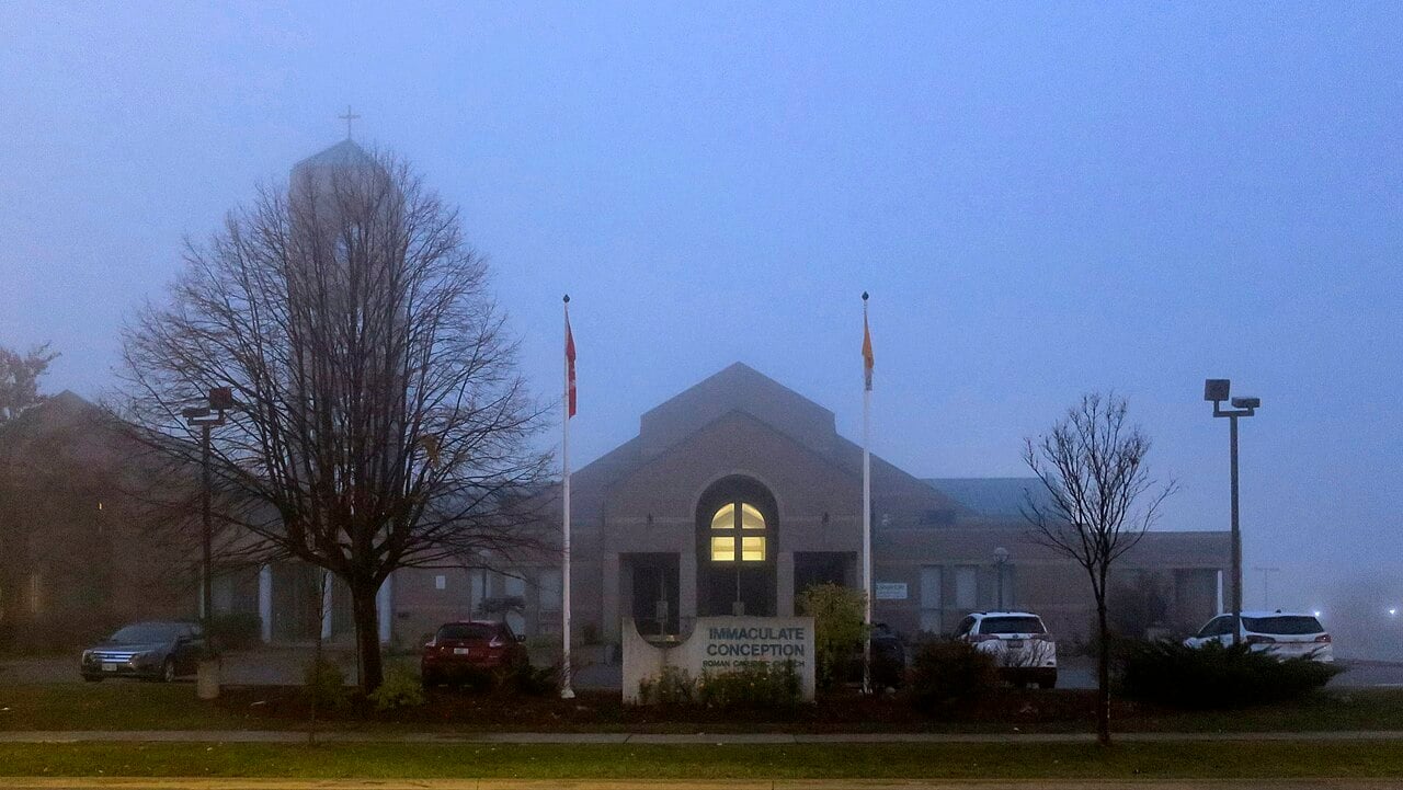 Immaculate Conception Church on Ansley Grove Road in East Woodbridge, photographed in morning fog in 2022