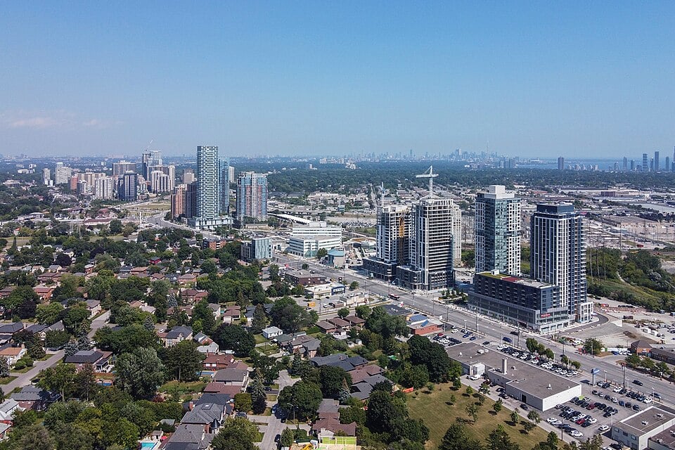 Aerial view of homes and high-rise development in Islington-City Centre West, 2021