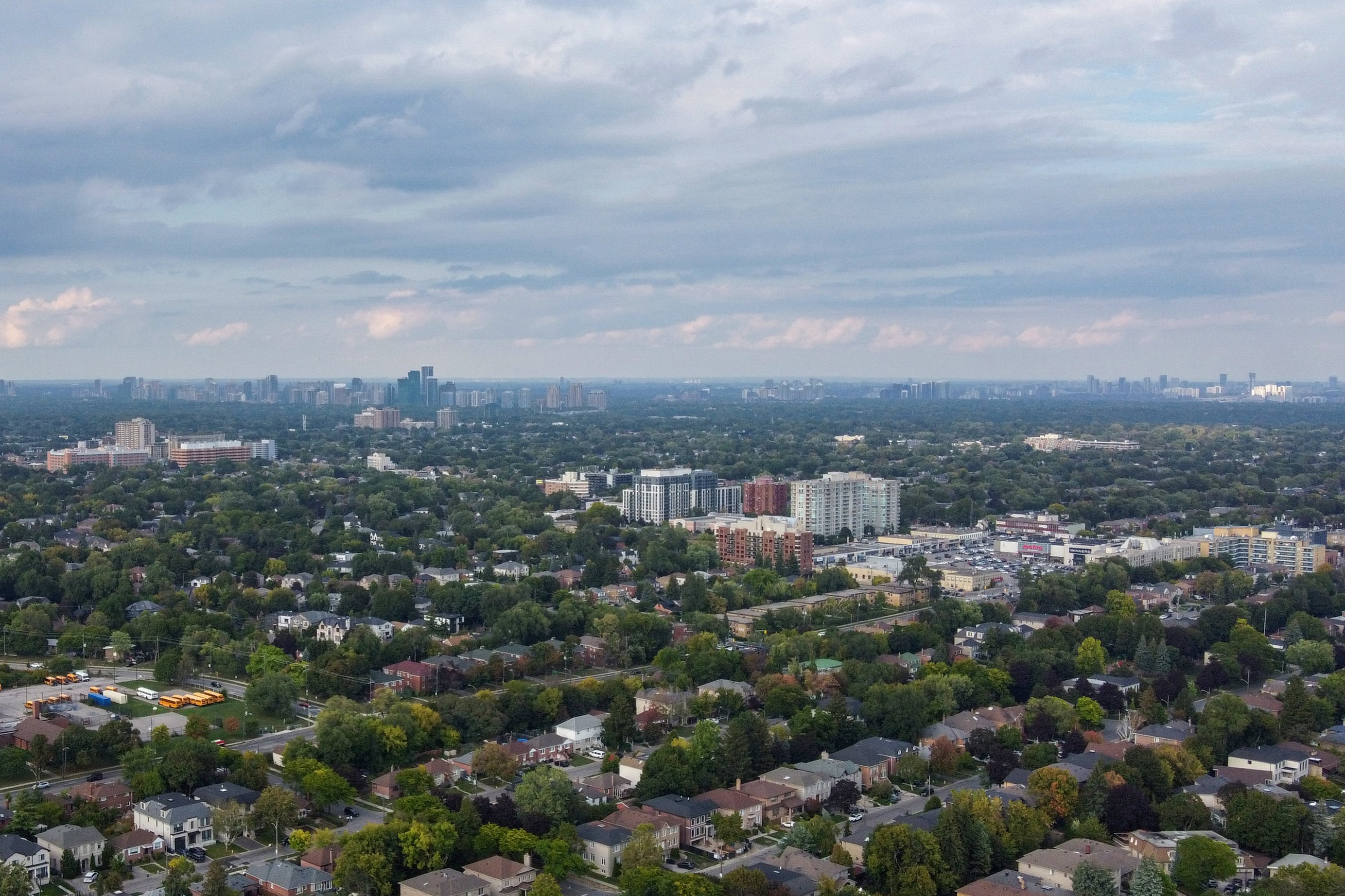 Aerial view of Lawrence Manor in the Englemount-Lawrence area of Toronto, 2025