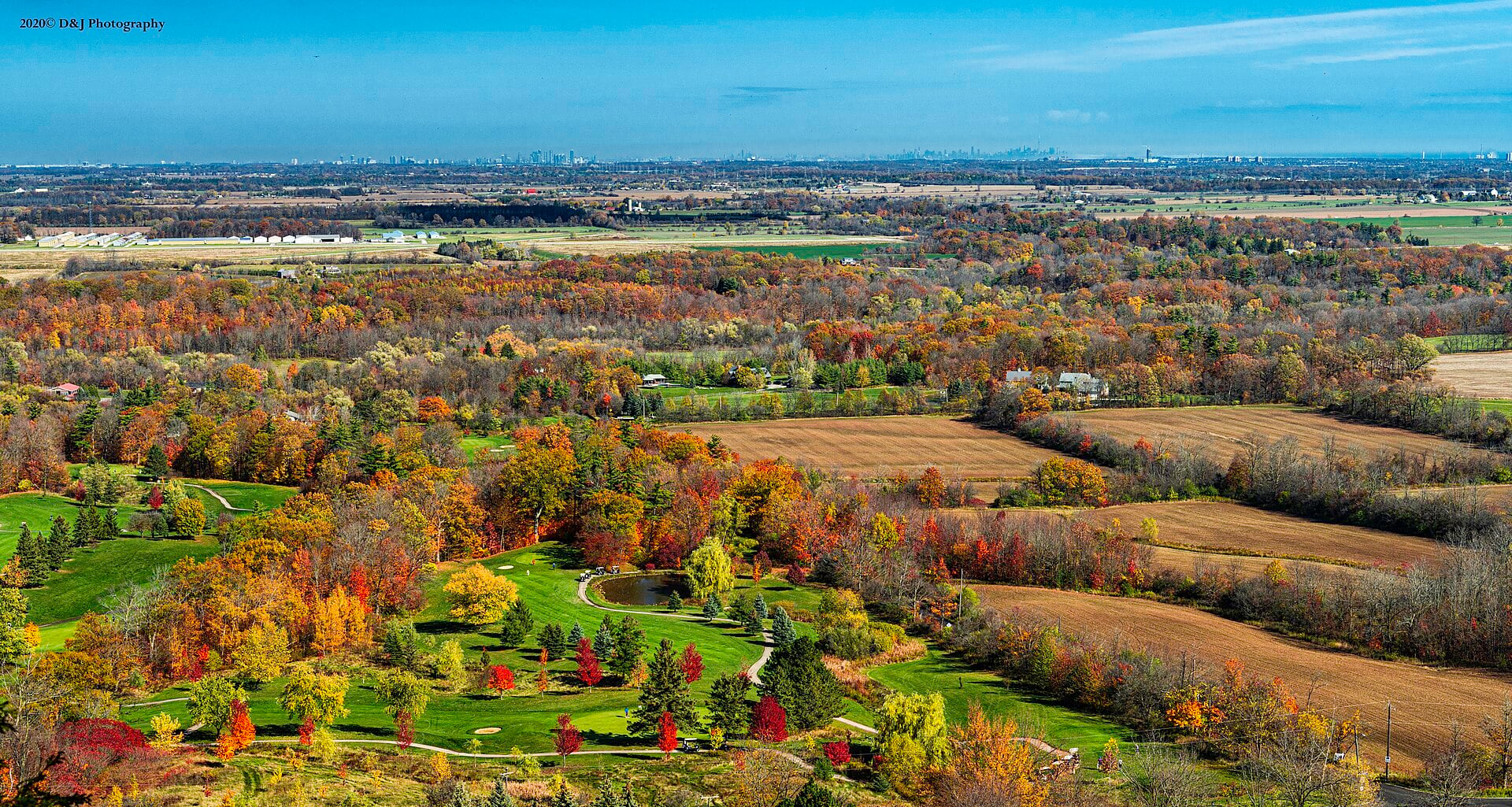 Autumn countryside and fields viewed from Mount Nemo Conservation Area in Rural Burlington
