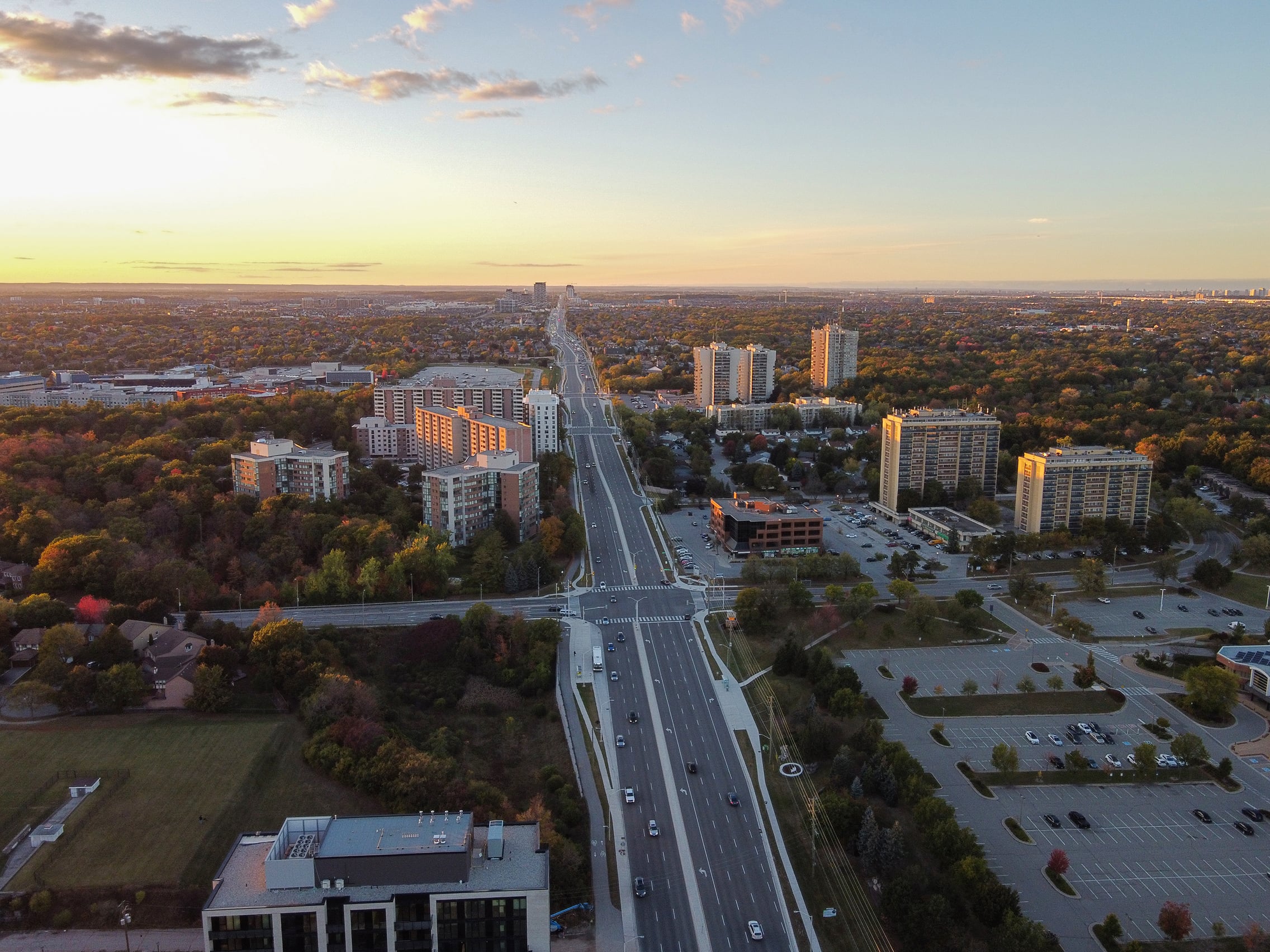Trafalgar Road and surrounding Oakville neighbourhoods in an aerial photograph from 2023