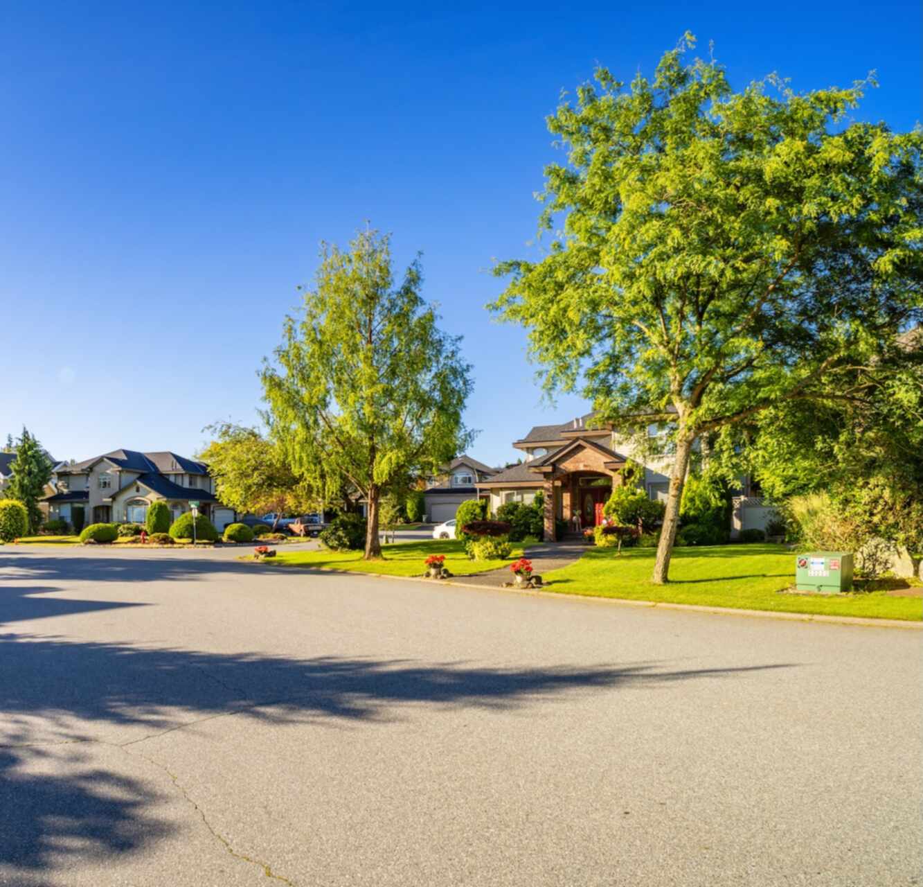Tree-lined residential street with large detached homes on landscaped lots in Bradford Woods, PA