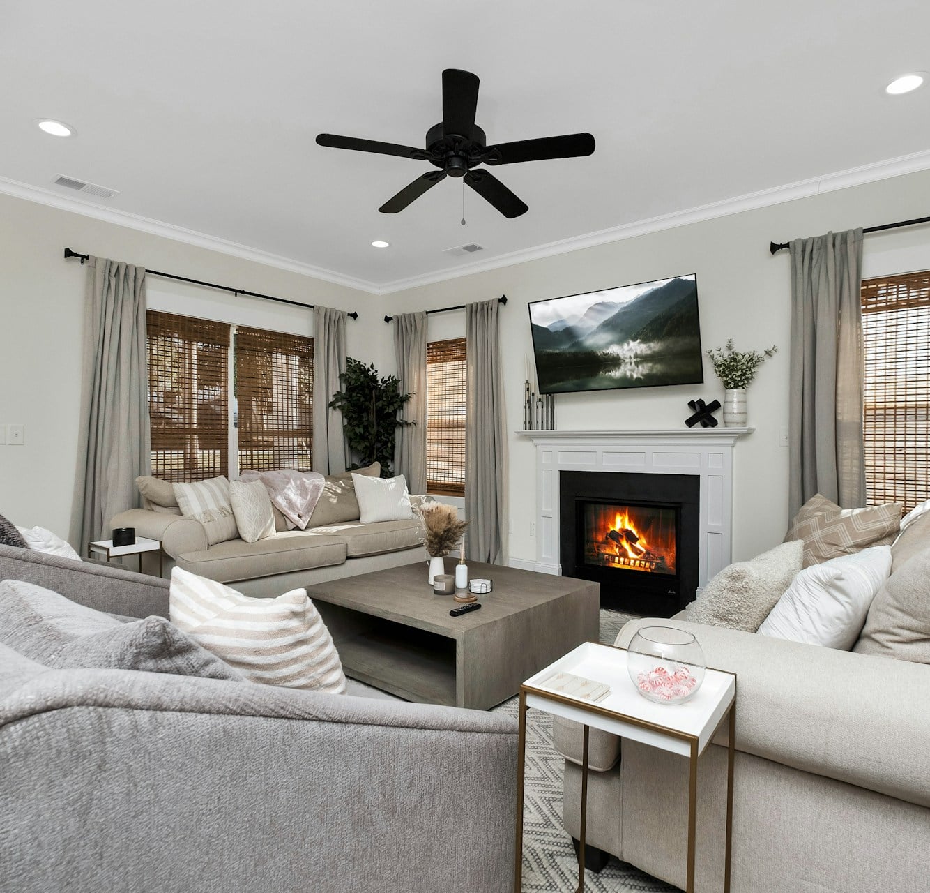 Bright family room with a fireplace in a Pine Township PA home
