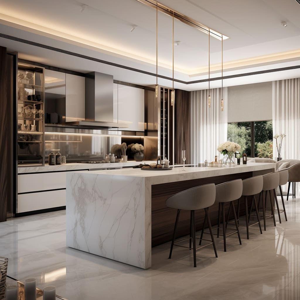 The-kitchens-island-featuring-a-marble-top-reflects-the-contemporary-style-of-this-modern-home