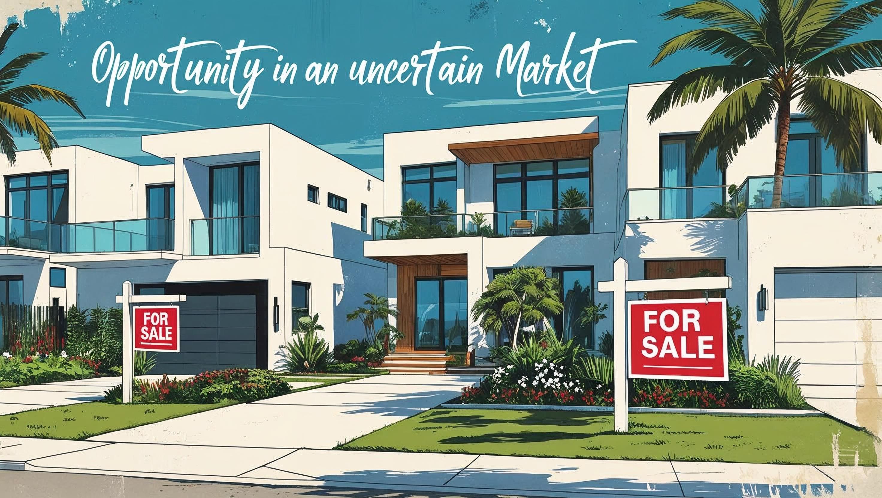 SOUTH FLORIDA HOMES, BEACH AND CITY IN THE BACKGROUND. HAVE HOUSES WITH FOR SALE SIGNS . WRITE THE WORDS OPPORTUNITY IN A UNCERTAIN MARKET MARKET. IN A MODERN COMMUNITY