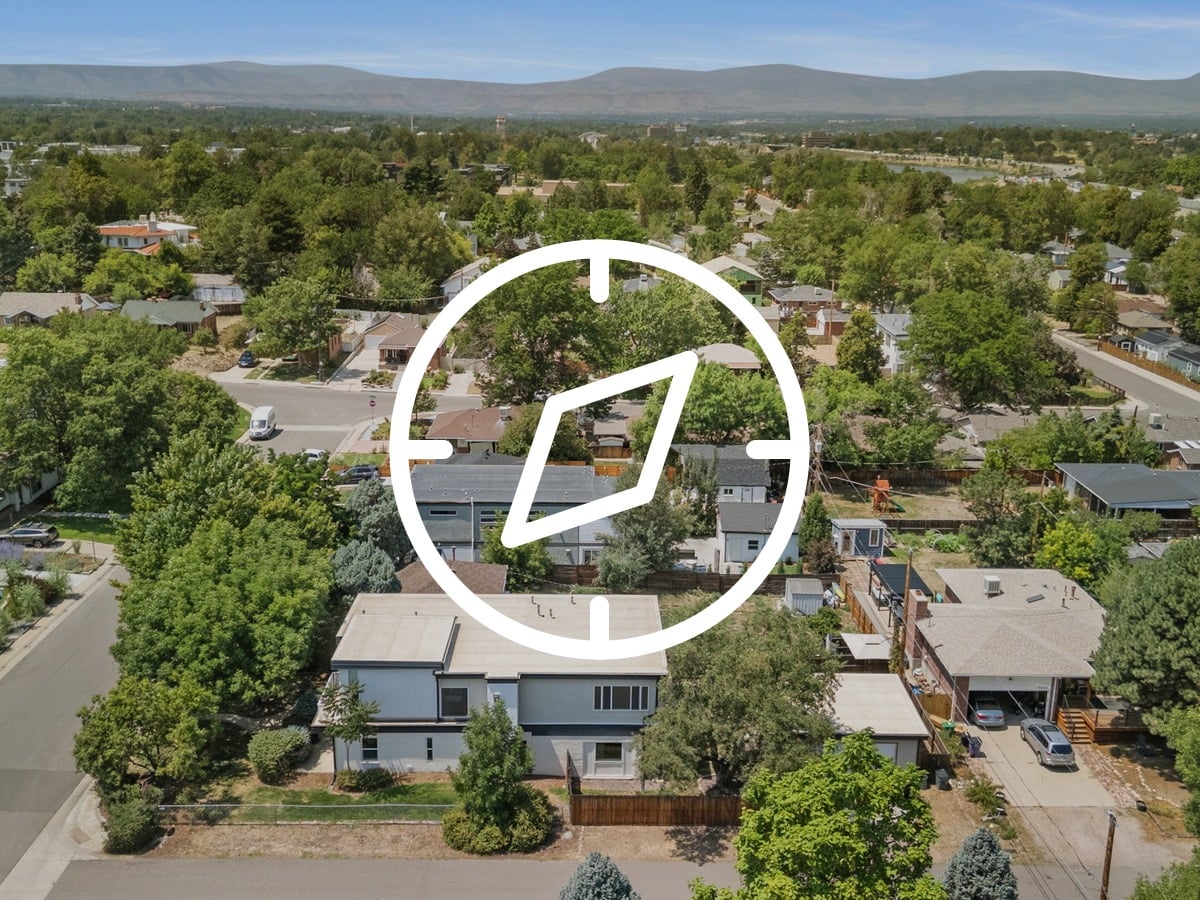 Aerial view of Denver's Berkeley neighborhood with mountain views near 3801 W Alice Pl