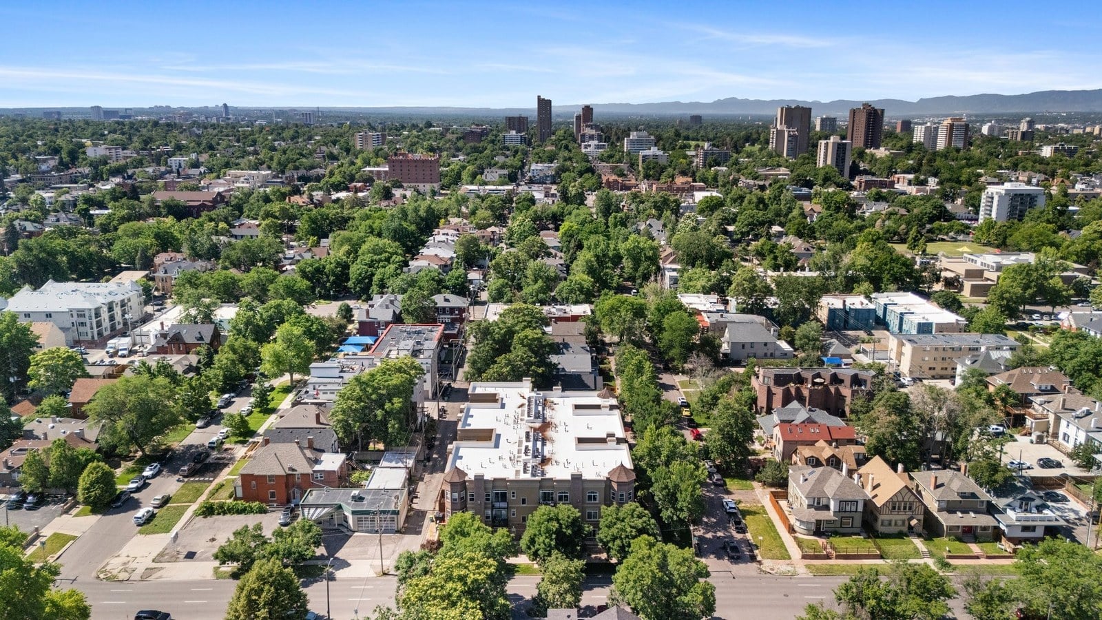 Denver neighborhood and downtown skyline aerial