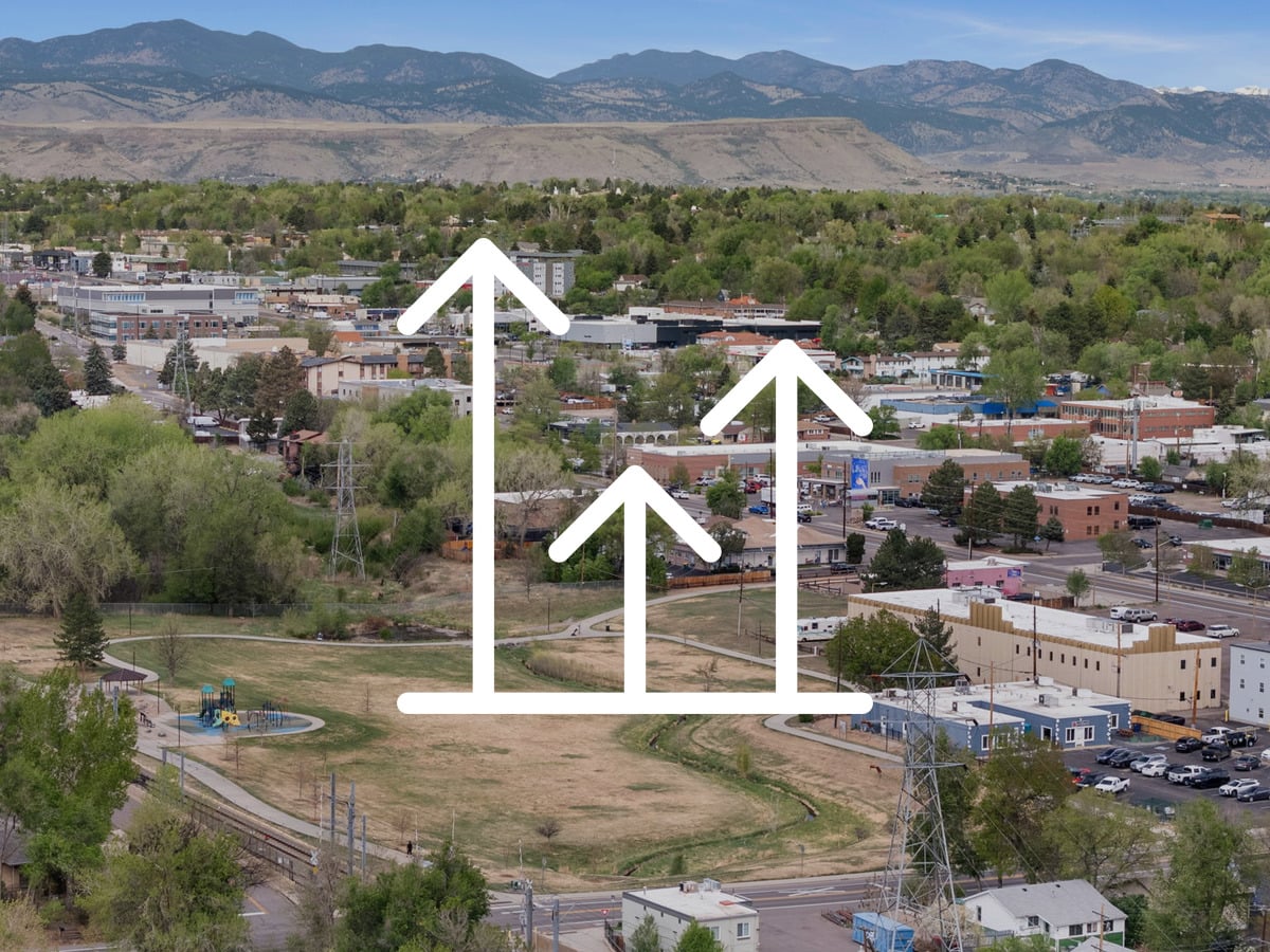 Aerial view of downtown Golden, Colorado with the foothills behind