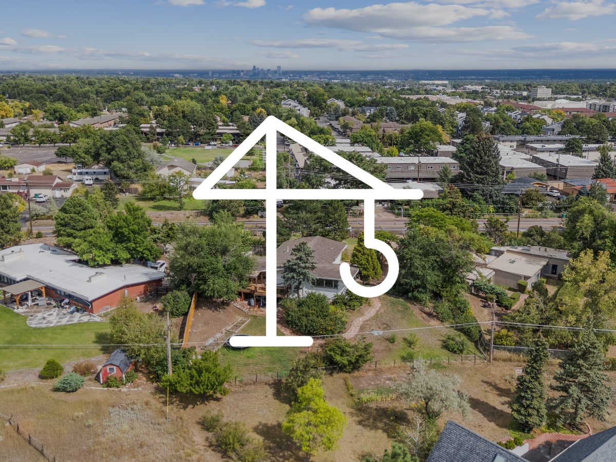 Aerial view of mid-century ranch homes on large lots in Applewood, Colorado