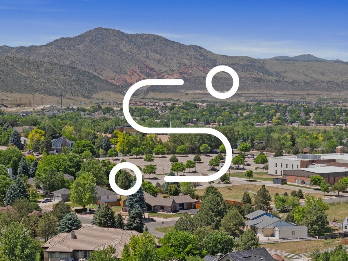 Aerial view of the Country West neighborhood in Littleton, Colorado with foothills views near 12221 W Prentice Pl