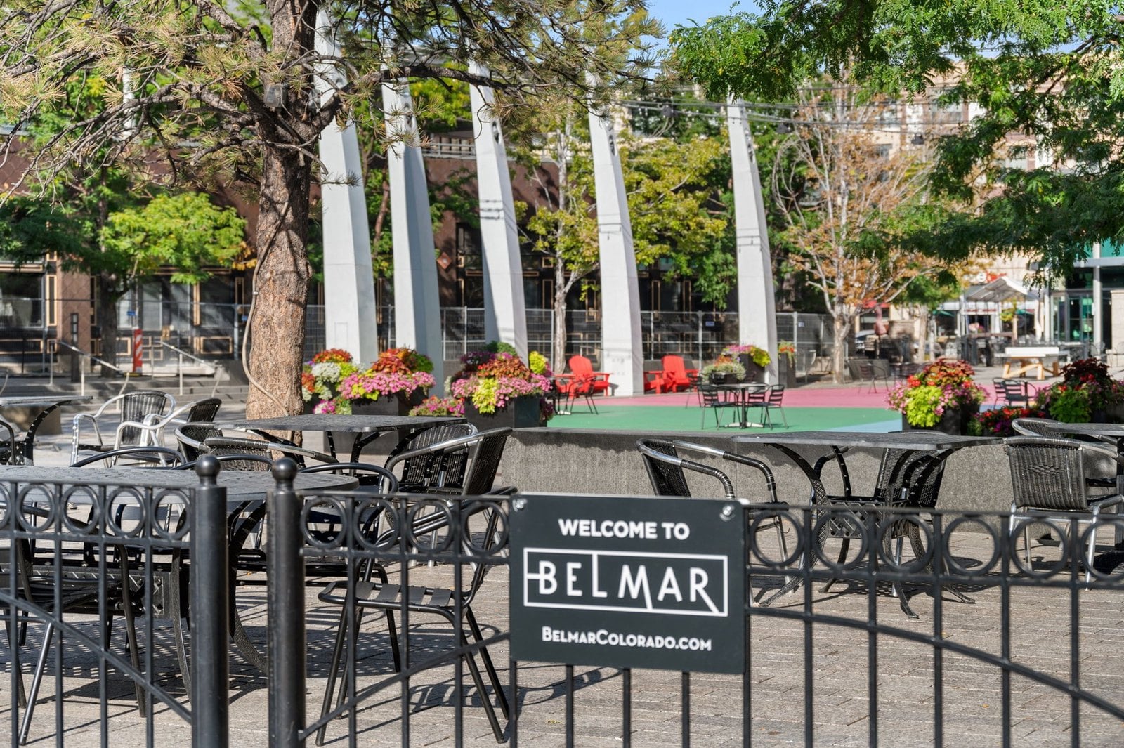 Welcome to Belmar sign and plaza in Lakewood, Colorado