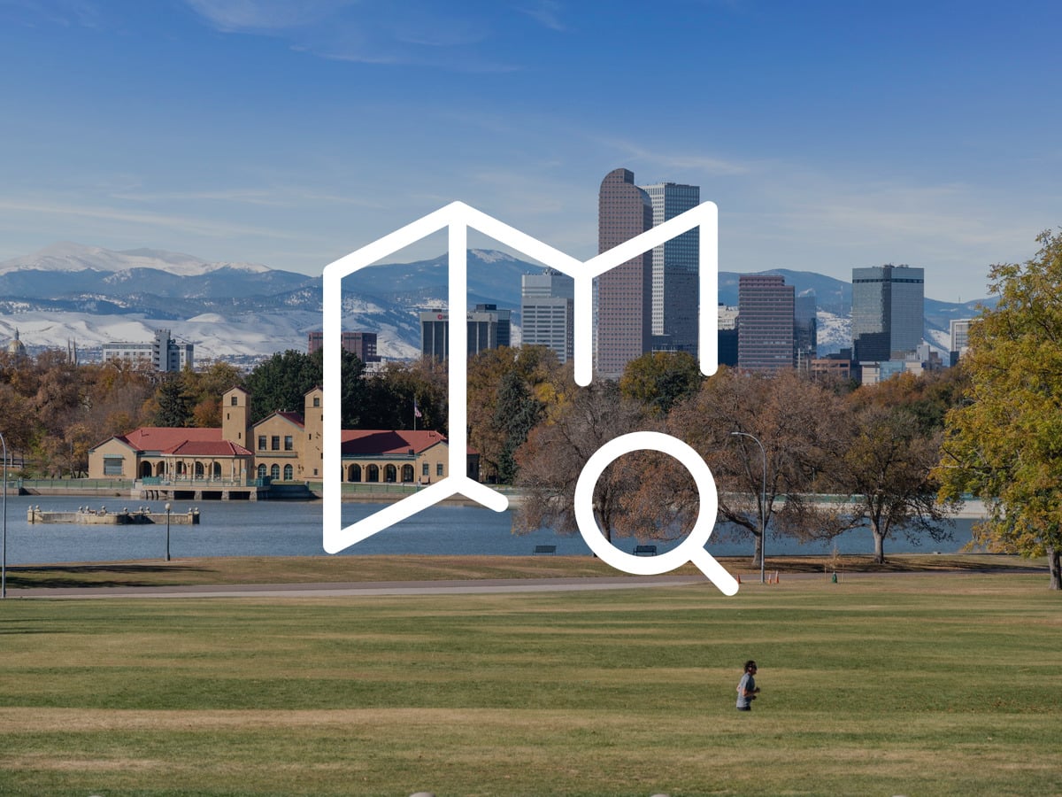 Berkeley neighborhood lake park with the Denver skyline and Front Range behind it, Berkeley, Denver, Colorado