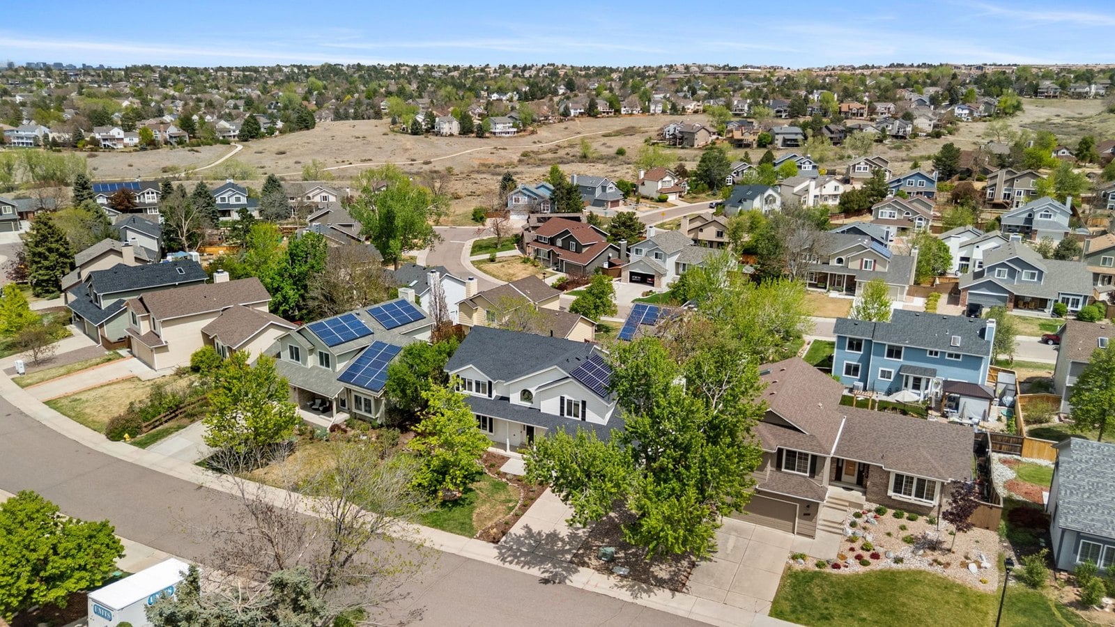 Aerial view of a master-planned neighborhood in Highlands Ranch, Colorado