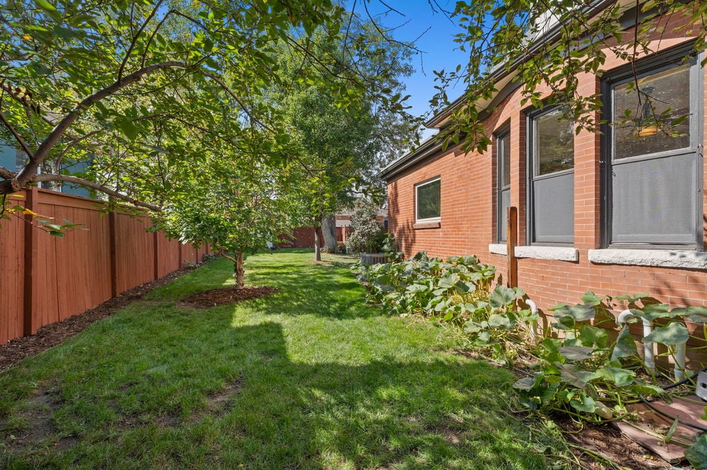 Fenced backyard with mature trees at 4581 Bryant St in Sunnyside, Denver