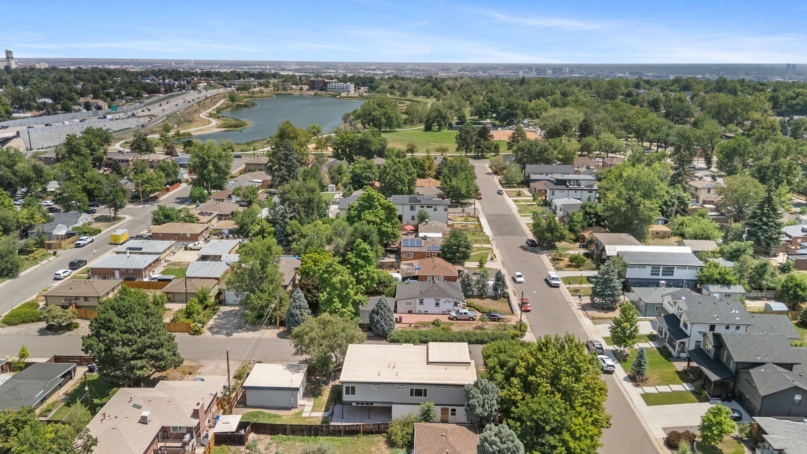 Aerial view of Berkeley Lake Park and the surrounding Berkeley neighborhood of Denver, Colorado