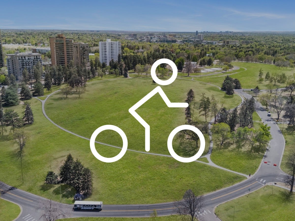 Aerial view of a large central Denver park with loop paths, Denver neighborhoods for an active outdoor lifestyle