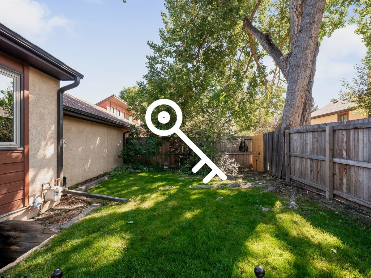 Side yard with a green lawn, wood privacy fence and a large cottonwood tree beside a stucco home