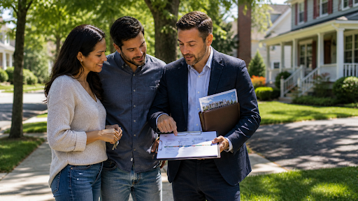 A professional ML Real Estate realtor reviews property documents with a smiling couple on a tree-lined Northern Virginia neighborhood sidewalk, with well-kept suburban homes in the background, illustrating the question “Should You Use the Same Realtor to Buy and Sell in Northern Vir