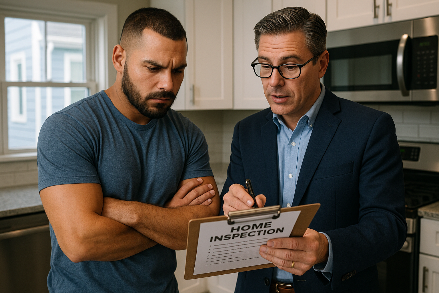 Boston homebuyer reviewing inspection report with agent in historic neighborhood