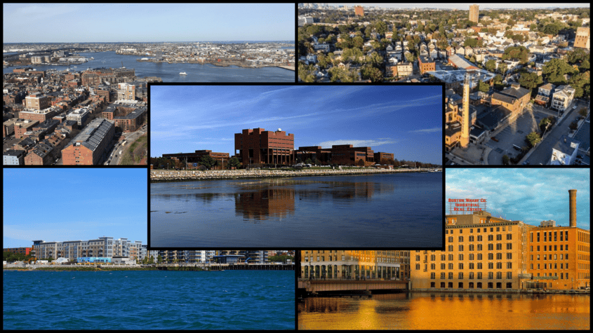 Boston neighborhood map showing Seaport District, South End, Jamaica Plain, Dorchester and East Boston as most in‑demand real estate hotspots in mid‑2025.