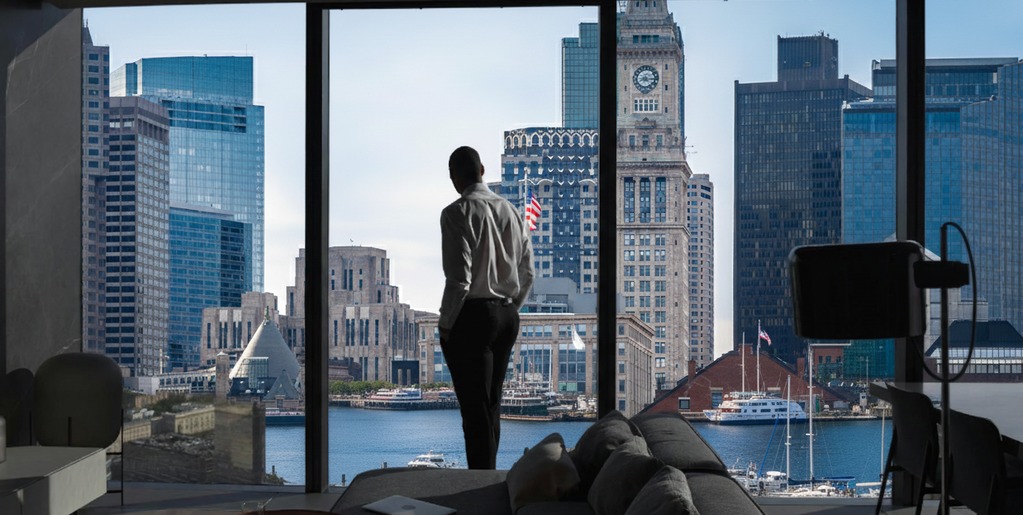 Luxury condo interior in East Boston with harbor view