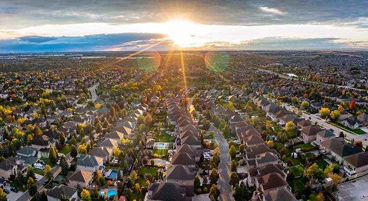 Aerial view of Residential Distratic at Rutherford road and Islinton Ave., detached and duplex house, Woodbridge, Vaughan, Canada