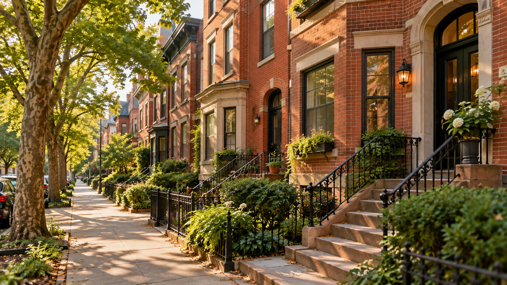 Golden-Hour Brick Townhouse Street
