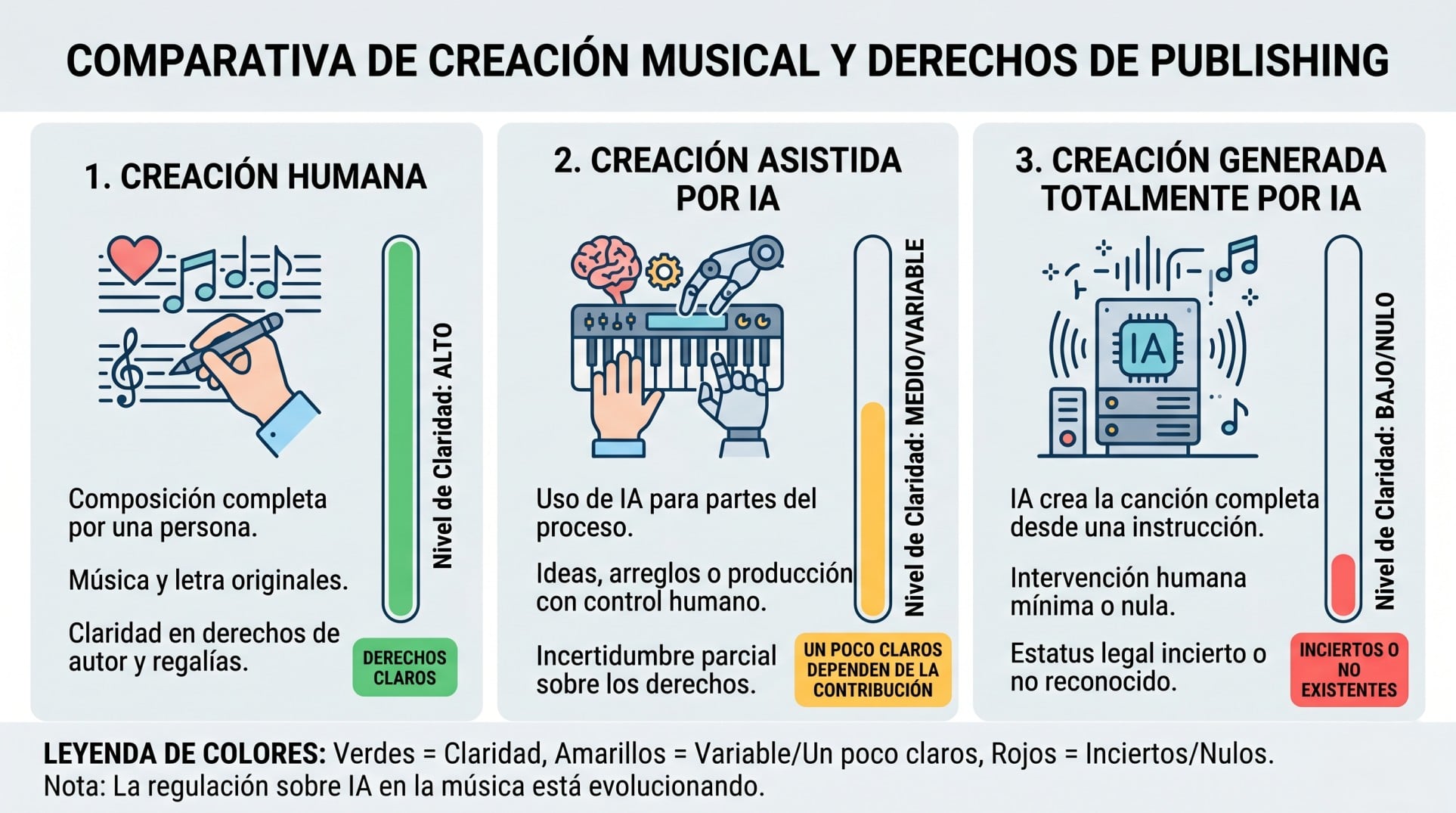 Infografía comparando música humana, asistida por IA y generada por IA con niveles de claridad en derechos de publishing