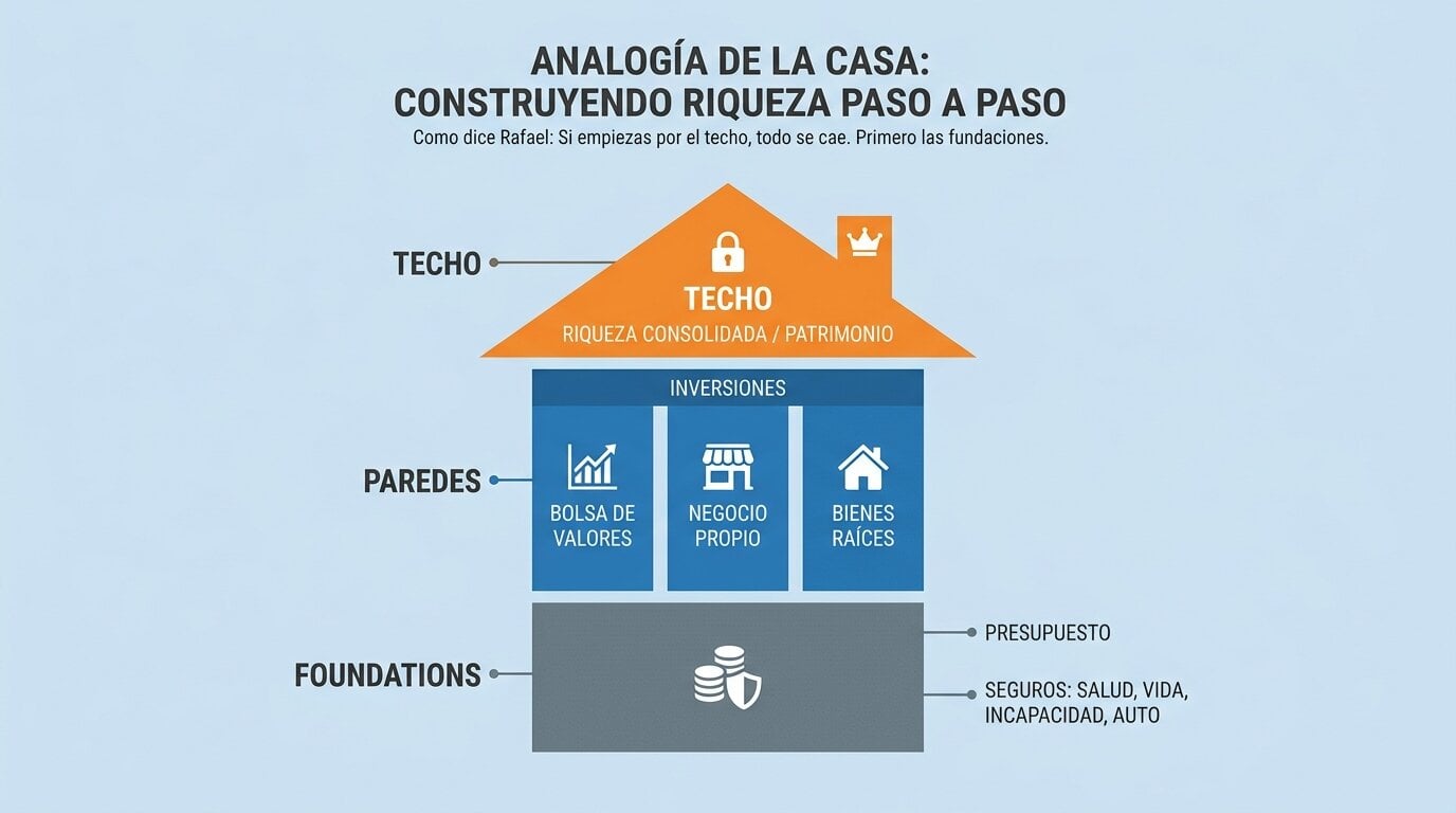 Infografia de analogia de casa financiera con presupuesto seguros inversiones y patrimonio consolidado