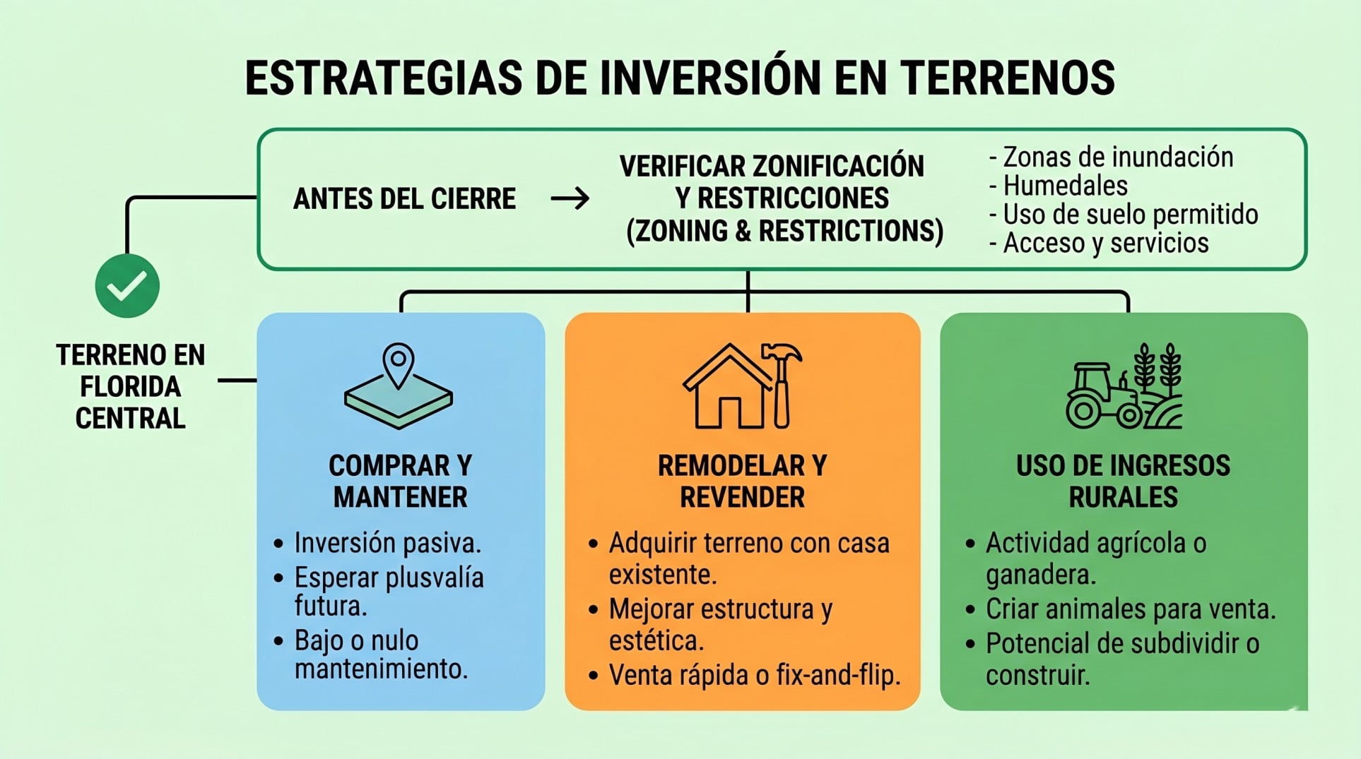 Infografía decision tree estrategias terrenos Orlando hold remodelar revender uso rural zonificación Florida