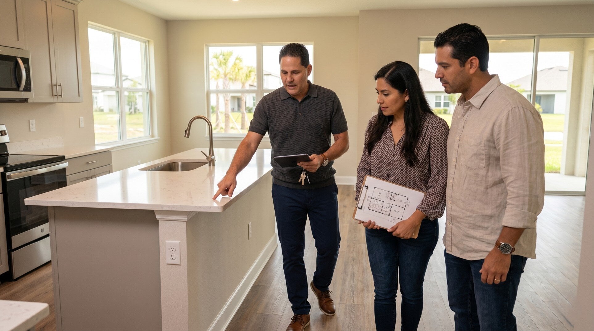 Jorge Mulet Realtor Orlando y Ocala mostrando casa nueva a compradores hispanos en Florida