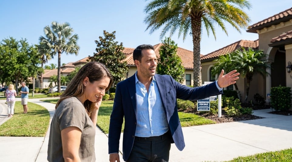 José Rojo mostrando una propiedad a un cliente en un vecindario residencial de Orlando bajo el sol de Florida
