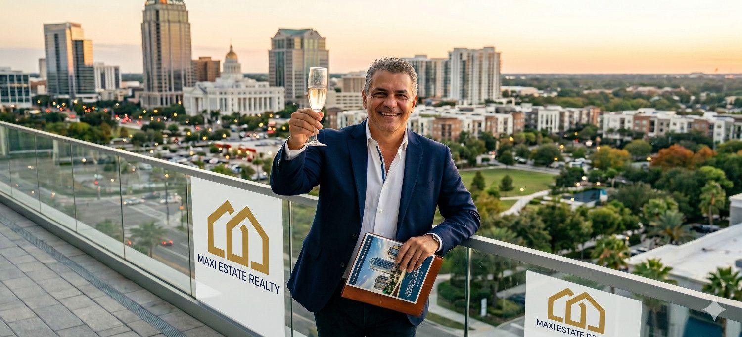 Leonardo Sánchez, broker de Maxi Estate Realty, celebrando su éxito frente al skyline de Orlando