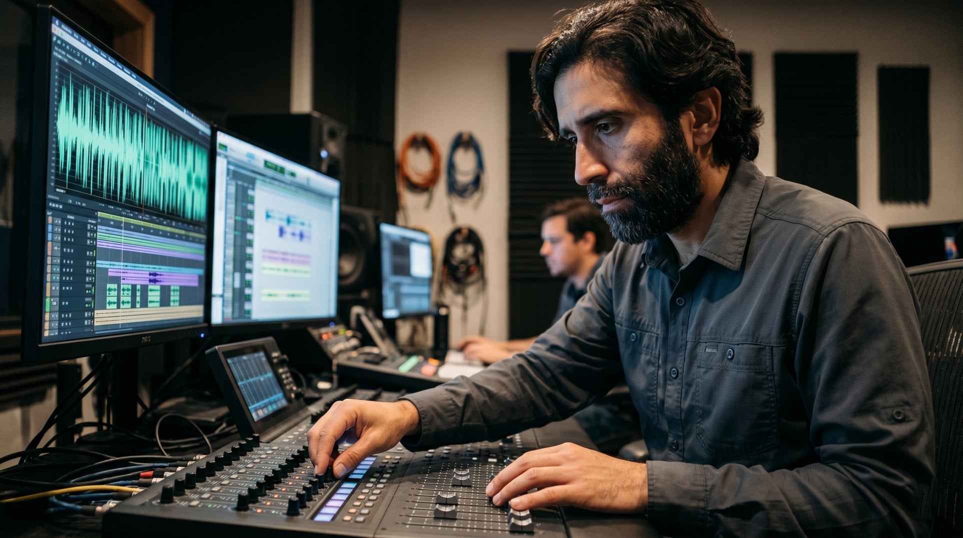 Miguel Bustamante trabajando en consola de mezcla en estudio de producción musical en Orlando