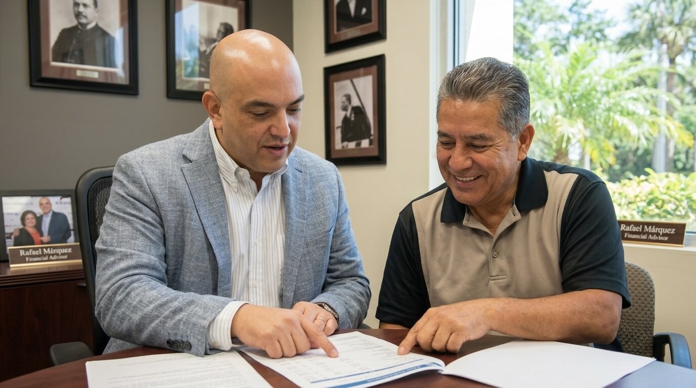 Rafael Márquez asesorando a cliente latino en Orlando revisando documentos financieros y estrategias de seguros