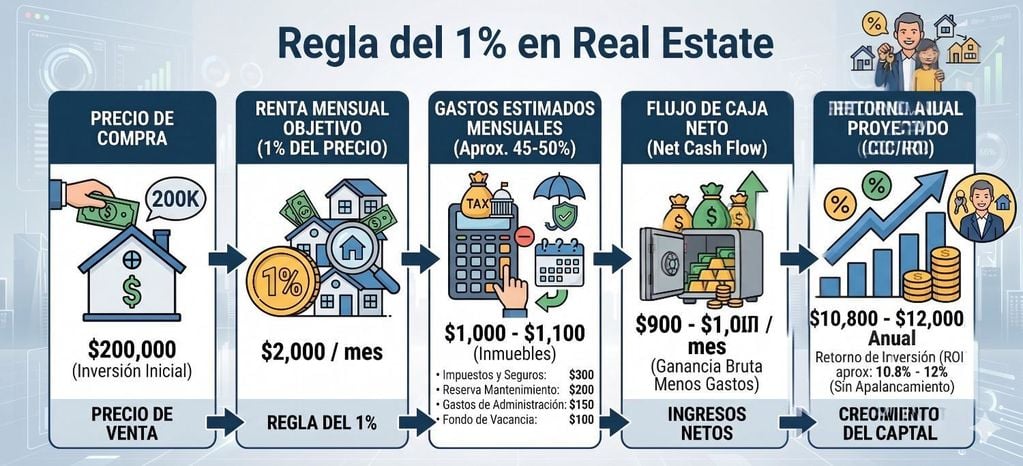 diagrama detallado de la regla del 1% para inversiones en bienes raíces, mostrando el flujo desde el precio de compra hasta el retorno anual proyectado